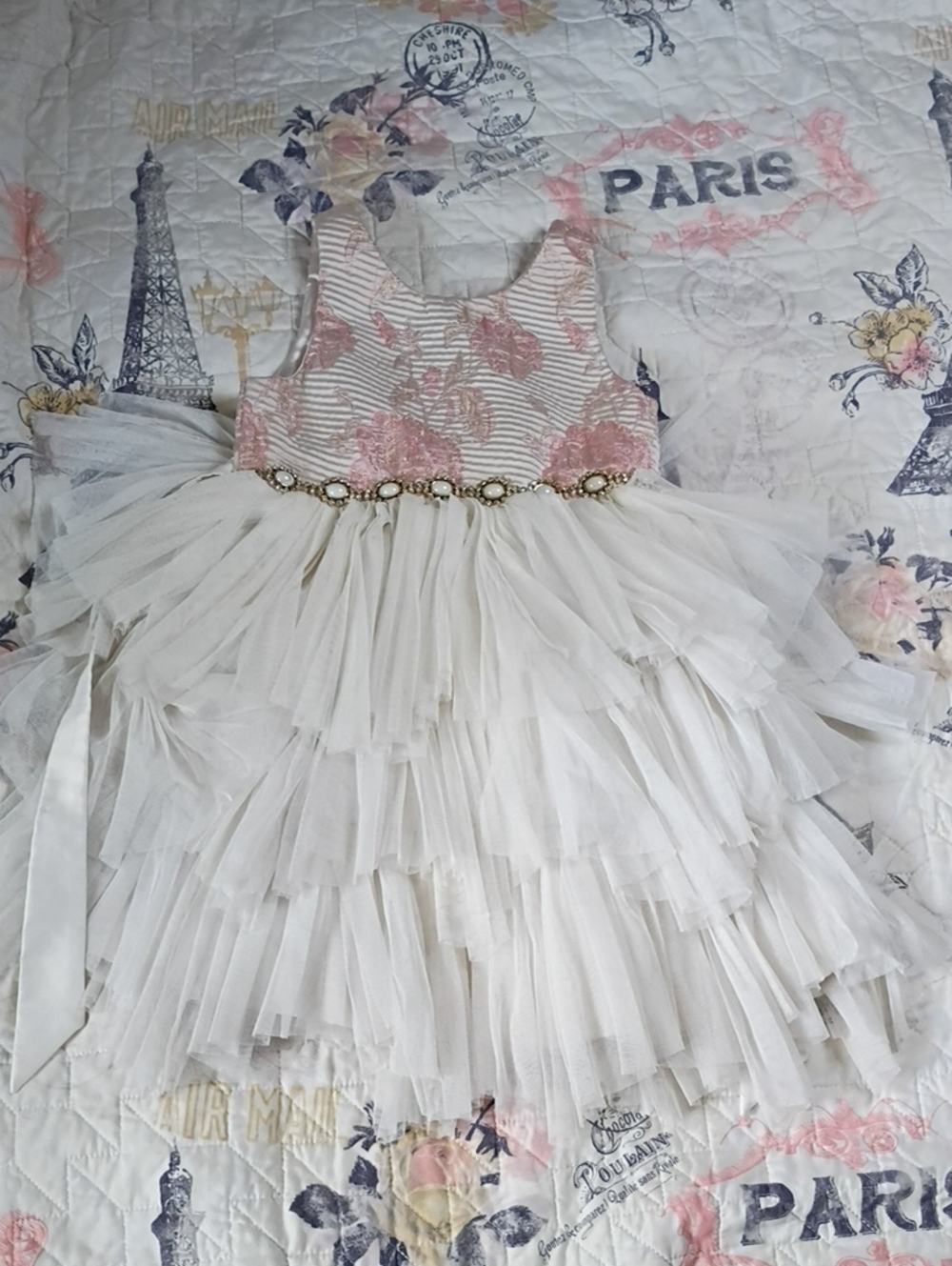 American Princess Kids Satin Layred Dress In Ivory And Floral Combo